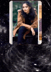 a woman in a brown jacket is sitting on a bench in a frame .