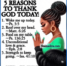 a picture of a woman with braids praying with the words 5 reasons to thank god today