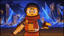 a cartoon character is holding a gun and standing in front of a ice wall .
