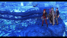 a group of people standing next to each other holding swords in a video game