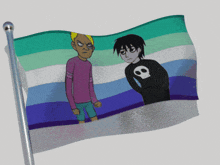 a cartoon flag with two boys on it