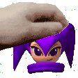 a pixel art of a purple cartoon character with a hand holding his head .