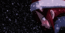 a girl with red hair is wearing a hat and standing in the snow