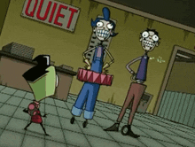a cartoon character is dancing in front of a quiet sign