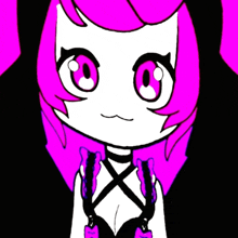 a black and white drawing of a girl with pink hair and big eyes