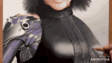 a picture of a woman in a black and purple suit with the words made in animatica on the bottom