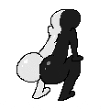 a black and white pixel art of a person sitting on another person 's lap .