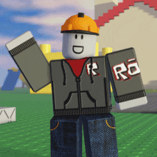 a roblox character wearing a hard hat and a hoodie with the letters r and g on it