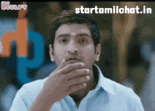 a man covering his mouth with his hand and the words starttamilchat.in written below him