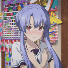 a girl with purple hair and red eyes is standing in front of a wall with a bunch of stickers on it