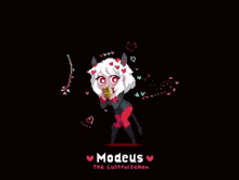 a pixel art of a girl with horns and hearts on her head holding a bell .