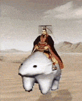 a man in a crown is riding a polar bear in the desert