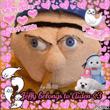 a picture of a stuffed animal with the words jeffy belongs to aiden < 3