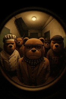 a group of teddy bears standing in a hallway with one wearing a shirt that says eb
