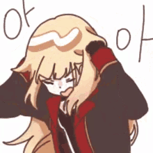 a cartoon of a girl with blonde hair and a red jacket holding her head .