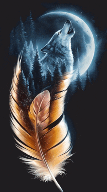 a painting of a wolf howling at the moon with a feather