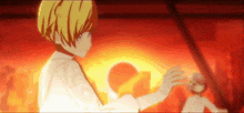 a girl in a white shirt is holding another girl 's hand in front of a red background