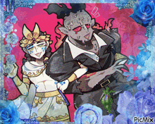 a picture of a man and a woman surrounded by blue roses with picmix written on the bottom