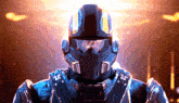a futuristic soldier wearing a helmet and goggles stands in front of a glowing background