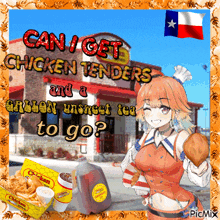 a picture of a girl holding a fried chicken with the caption can i get chicken tenders