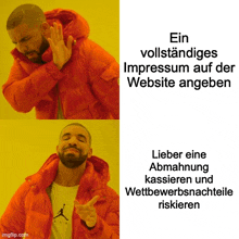 a man in an orange jacket is making a funny face with the words ein vollstandiges impressum auf der website angeben