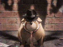a dog wearing a fedora and tie is sitting in front of a brick wall