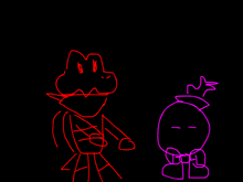 a drawing of a crocodile standing next to a purple cartoon character