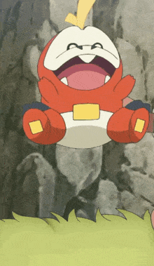 a red and white cartoon character with a yellow belt