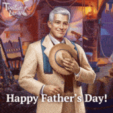 a happy father 's day card with a man in a suit holding a hat
