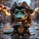 a crocodile wearing a pirate hat and scarf holds a book