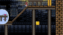 a pixel art of mario walking up stairs