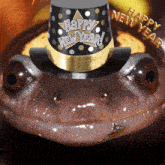 a frog wearing a top hat that says happy new year on it
