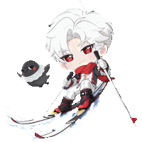 a chibi drawing of a person skiing with a black bird behind them