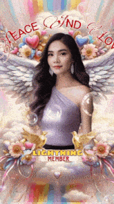 a picture of a woman with wings and the words peace and love