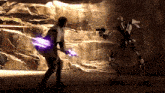 a man is fighting a robot with a purple sword