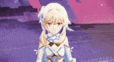a girl with blonde hair and red eyes is standing in front of a purple background .