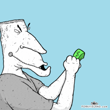 a cartoon of a man holding a green dollar bill