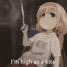 a cartoon girl is smoking a cigarette and saying `` i 'm high as a kite '' .