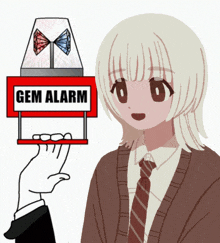a girl is standing next to a gem alarm sign