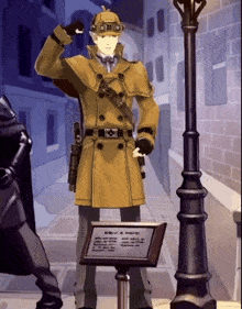 a cartoon of a man in a trench coat standing next to a sign that says " sherlock holmes "