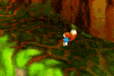 a cartoon fox is walking through a lush green forest .
