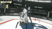 two anime girls are standing on a boxing ring with a sign that says fight sports .