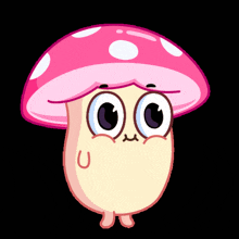 a cartoon illustration of a mushroom with big eyes and a pink hat