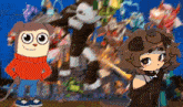 a monkey and a girl are standing next to each other in front of a carnival