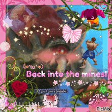 a picture of a monster with the words back into the mines on it