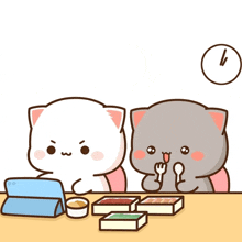 a cartoon of two cats sitting at a table with food and a clock that says 1