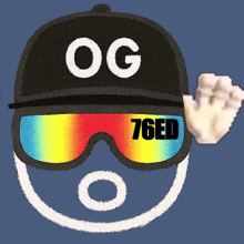 a person wearing a hat and goggles with og 76ed on it
