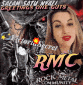 a picture of a woman and a skull with the words greetings one guts rmc on the bottom