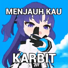 a cartoon girl with purple hair and blue eyes is covering her nose with her hands .