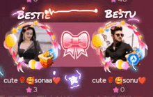 a girl and a man are surrounded by balloons and bows with the words bestie and bestu